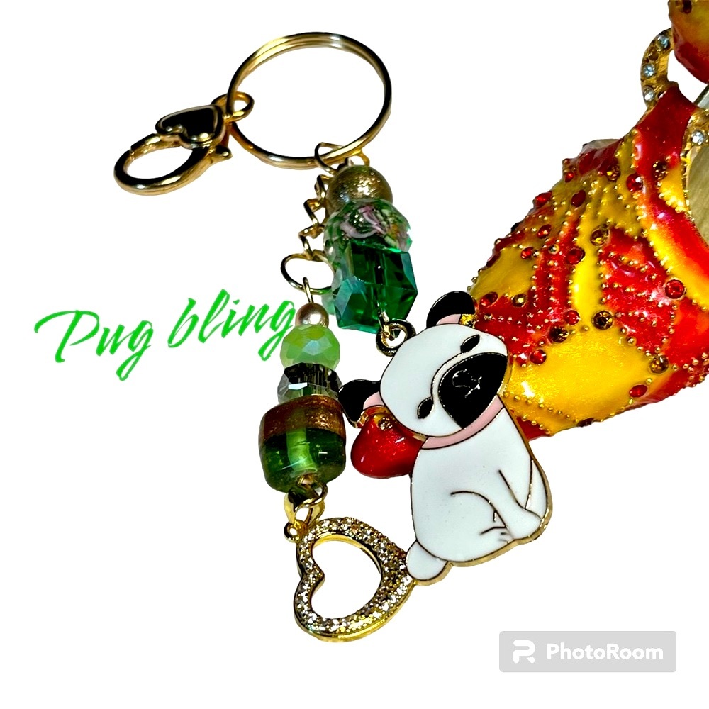 🐾🦴stunning PUG DOG zipper pull or purse bling-gorgeous colors-light gold